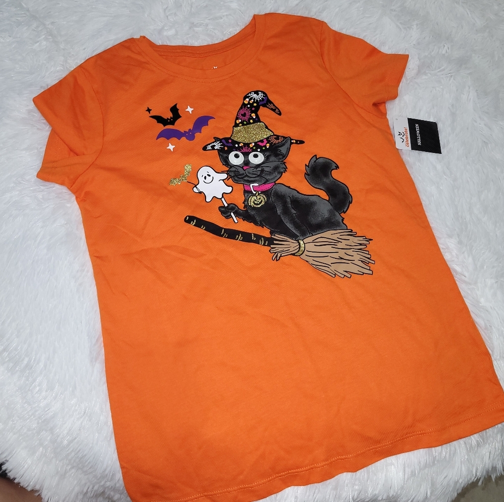 Halloween Graphic Tee | Orange | Black Cat | Large - Picture 1 of 6
